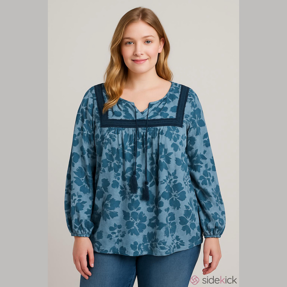 Cato Blue Floral Blouse with Tassel Accents